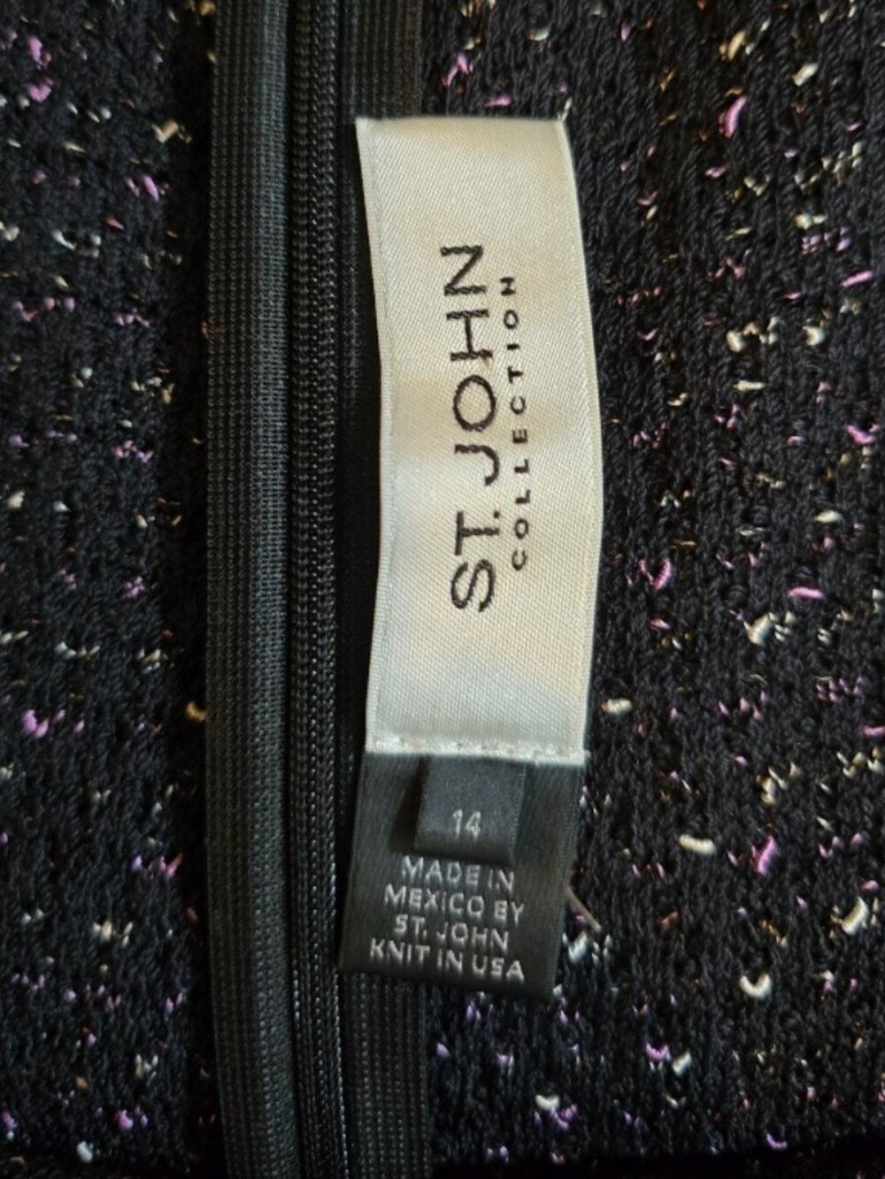 St. John Collection Knit Sheath Dress 14 Black Purple Flecked Wool Blend Sleevel - Picture 8 of 10